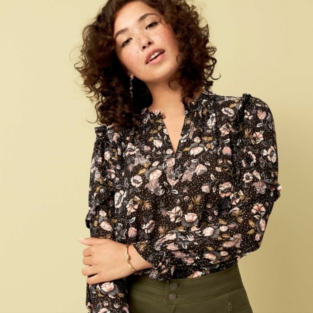 LOFT Black Floral Ruffle Blouse